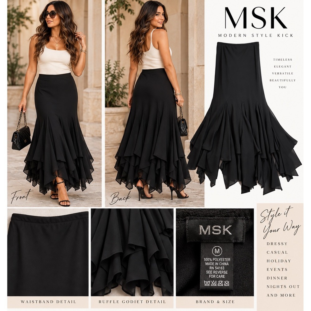 MSK Modern Style Kick Black Ruffle Godet Tiered Maxi Skirt Medium